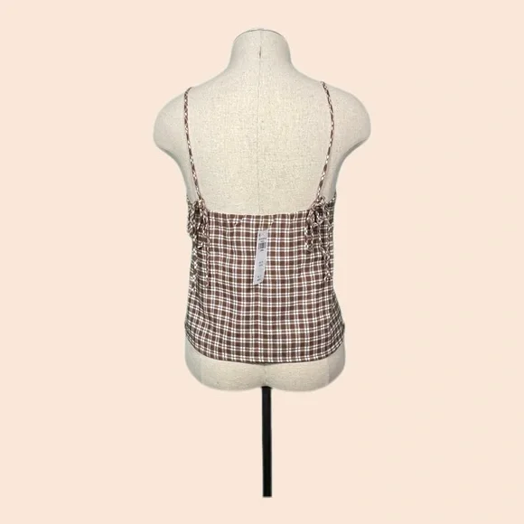 Abercrombie & Fitch Brown Gingham Plaid Crop Cami Tie Sides Extra Small NWT 🤎 - Picture 3 of 5